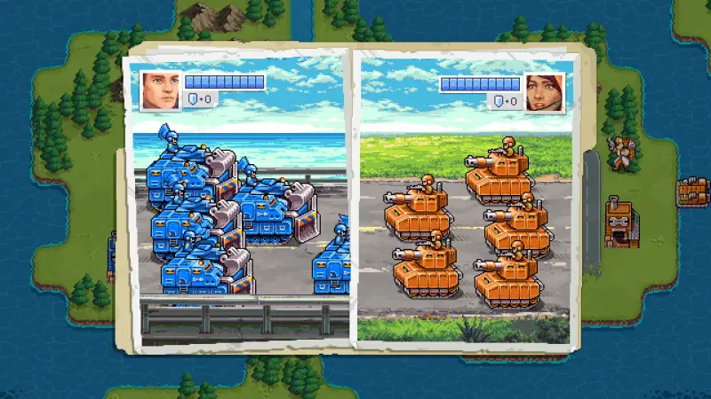 A split-screen display from the video game Warside shows two groups of tanks: one blue and one orange, set against distinct backdrops featuring water and fields.