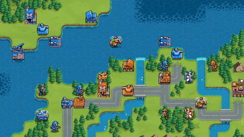 A vibrant strategy map from the video game Warside, featuring blue and orange units, buildings, and a waterway, showcasing tactical gameplay elements in a colorful landscape.