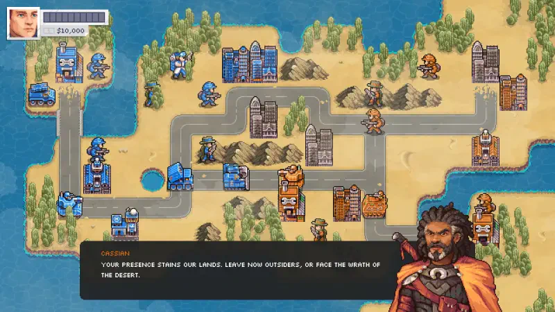 Strategic gameplay scene from the video game Warside, featuring a colorful map with units, buildings, and a character delivering a commanding message to players.