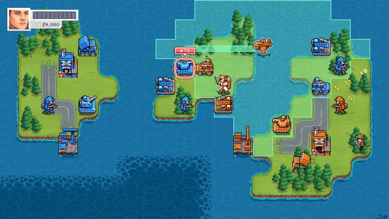 A colorful strategy game scene from Warside, featuring two islands with various military units and structures on a blue water background, highlighting tactical gameplay and resource management.