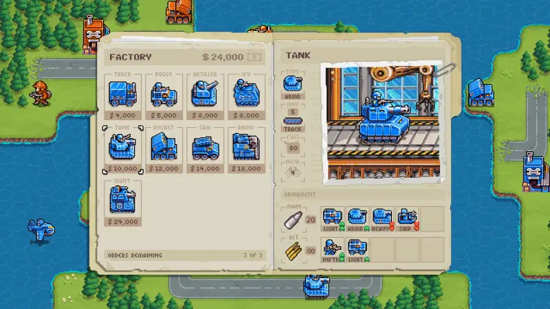 A screenshot from the video game Warside, showcasing a factory interface with various tank options and resources displayed, set against a colorful background of terrain and water.