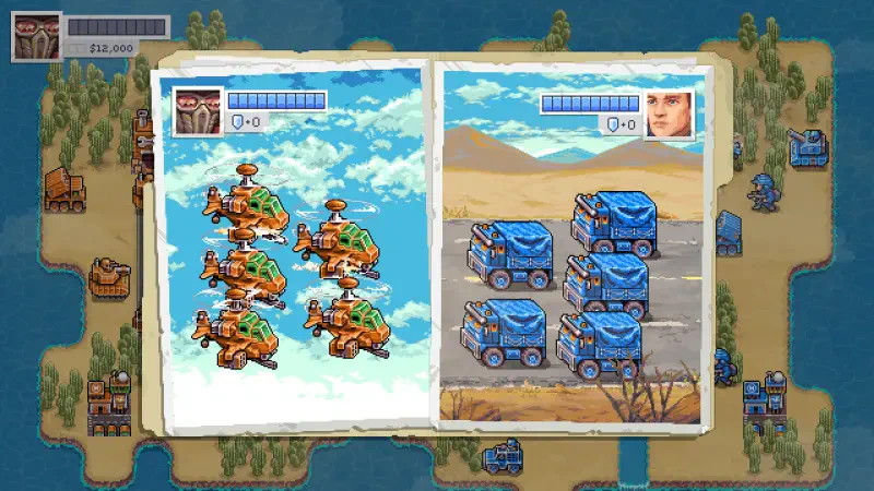 A split-screen view from the video game Warside, featuring flying machines on the left side and transport trucks on a road in a desert setting on the right.