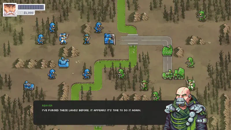 A tactical scene from the video game Warside, featuring military units positioned on a battlefield with a character dialogue box at the bottom, emphasizing strategic planning.