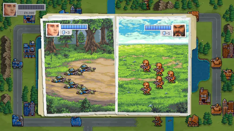 A split-screen image from the video game Warside showcases two battle scenes: one with tanks in a forest and the other featuring soldiers in a grassy field, each displaying health bars.