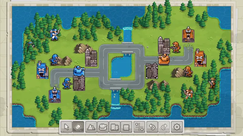 A strategic landscape from the video game Warside, featuring a detailed map with blue and orange units, buildings, and natural elements like water and trees.