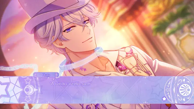 A character from the video game Genso Manège, with silver hair and a charming expression, poses in a vibrant setting, accompanied by a dialogue box below.