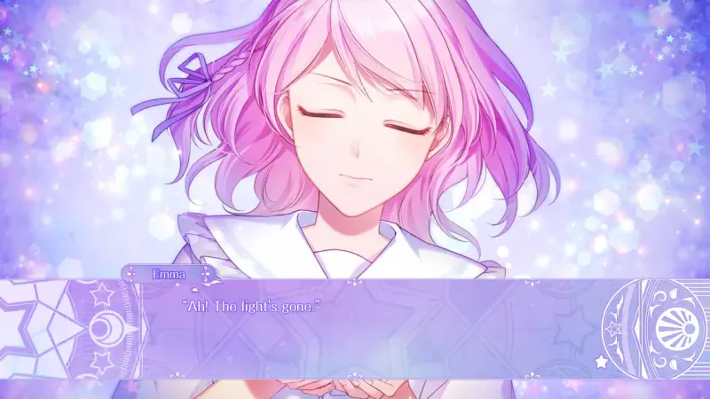 A character from the video game Genso Manège, featuring a girl with pink hair and a serene expression, surrounded by a dreamy, colorful background. Text reads, We're just here.