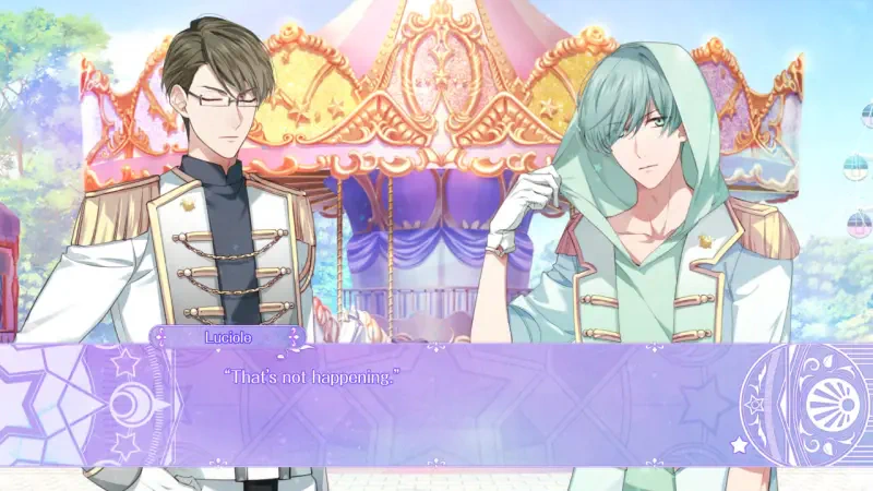 Two characters from the video game Genso Manège stand in front of a colorful carousel. One character wears a military-style uniform, while the other has a casual green hoodie, engaged in conversation.