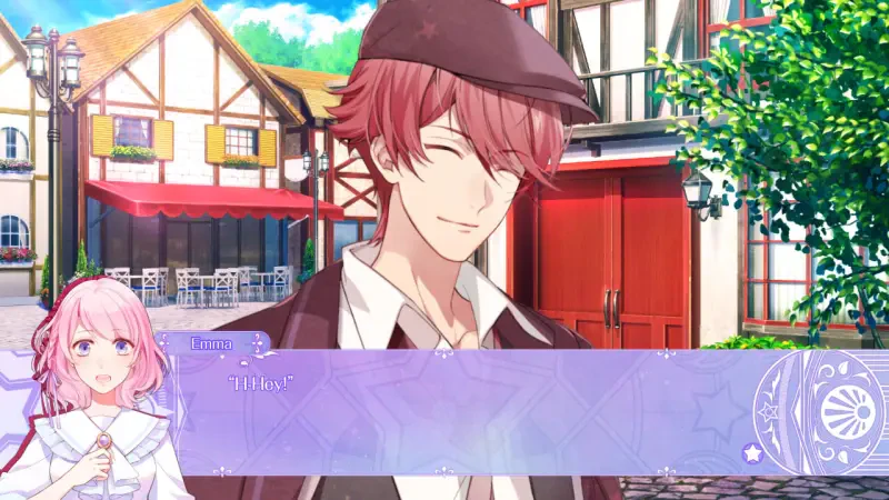 A scene from the video game Genso Manège featuring a smiling character in a hat, with a dialogue box and a charming, colorful town backdrop.