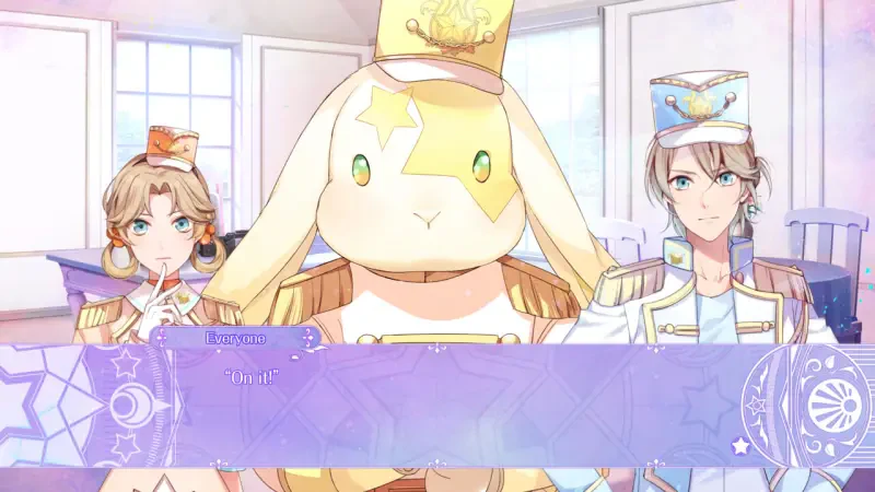 A scene from the video game Genso Manège featuring a whimsical rabbit character and two stylized human characters engaged in conversation.