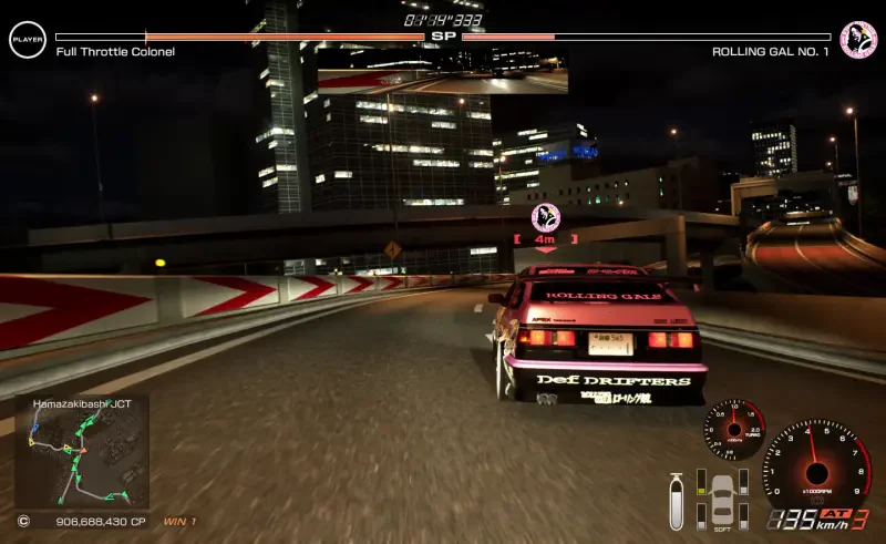 A nighttime racing scene from the video game Tokyo Xtreme Racer, featuring a sleek car navigating a city circuit illuminated by bright lights and towering buildings.