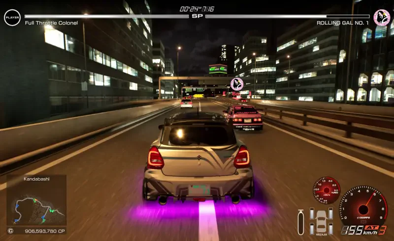 A night racing scene from Tokyo Xtreme Racer, featuring brightly lit streets and cars with illuminated underglow, showcasing fast-paced urban racing action.