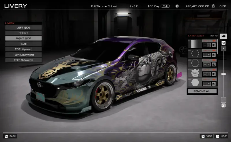 A customized car showcasing intricate designs in Tokyo Xtreme Racer, featuring vibrant colors and detailed graphics, surrounded by a garage environment.