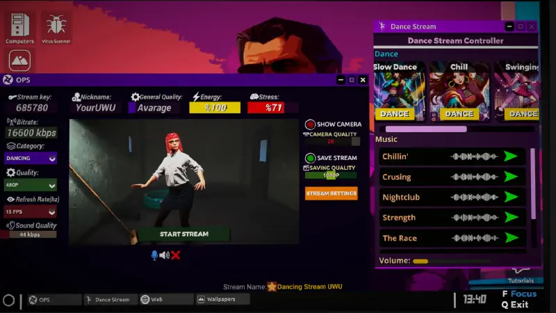 A scene from the video game Streamer Life Simulator 2 shows a character preparing to start a dance stream, with various music options and performance stats displayed on the screen.
