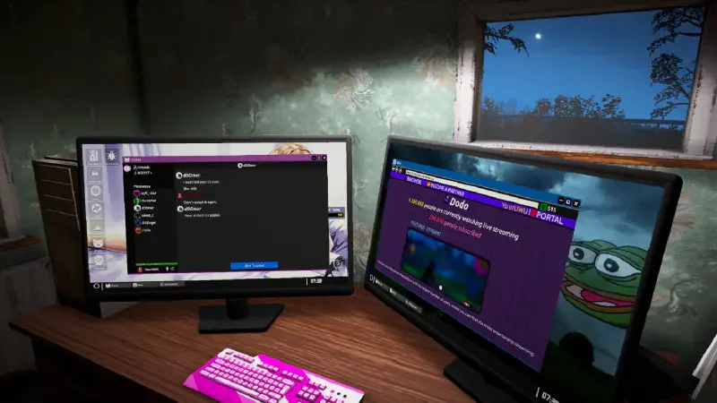 A cozy gaming setup featuring two monitors displaying content from the video game Streamer Life Simulator 2, with a colorful keyboard and a view of the night sky outside.