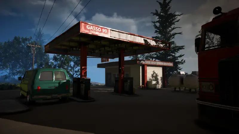 A gas station scene from the video game Streamer Life Simulator 2, featuring a green vehicle at the pumps and a backdrop of trees under an overcast sky.