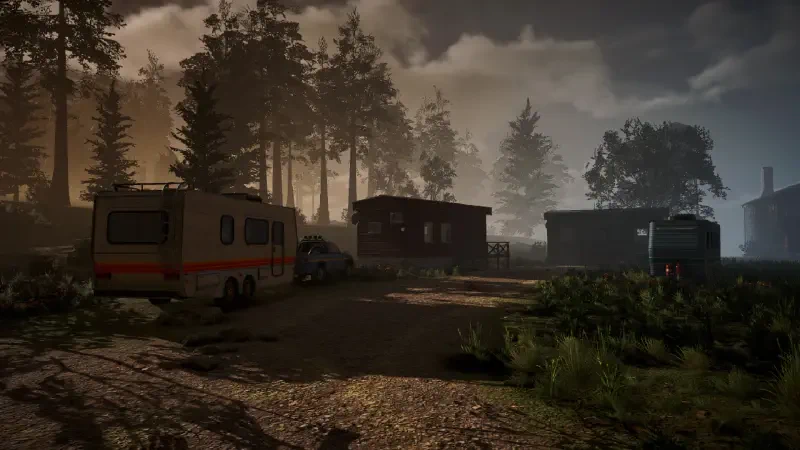 A scenic view from the game Streamer Life Simulator 2, featuring an RV and cabins surrounded by tall trees under a dramatic sky, evoking a mix of tranquility and adventure.