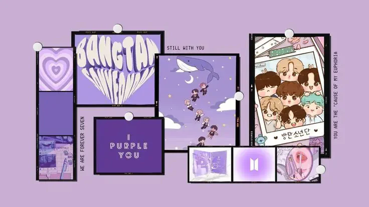 Collage of BTS-themed purple graphics, lyrics, and cartoon versions of the band members against a lavender background.