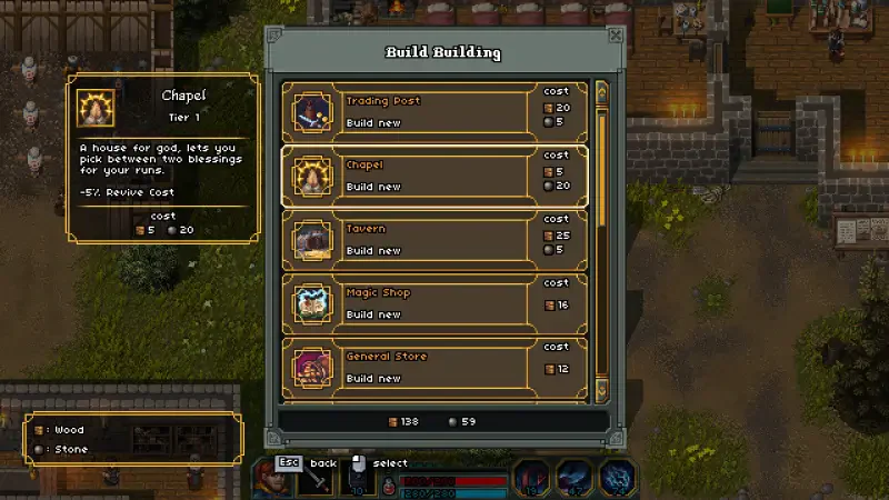 A screenshot from the video game Heroes of Hammerwatch II, showcasing an upgrade menu featuring various building options, costs, and resources needed for construction.