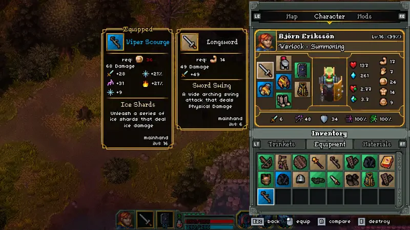 Screenshot from the game Heroes of Hammerwatch II, displaying equipped items, stats, and character inventory within a fantasy RPG environment.