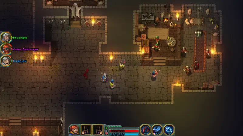 A top-down view of a dimly lit tavern in Heroes of Hammerwatch II, featuring characters interacting around tables and a bar, with torches illuminating the stone walls.