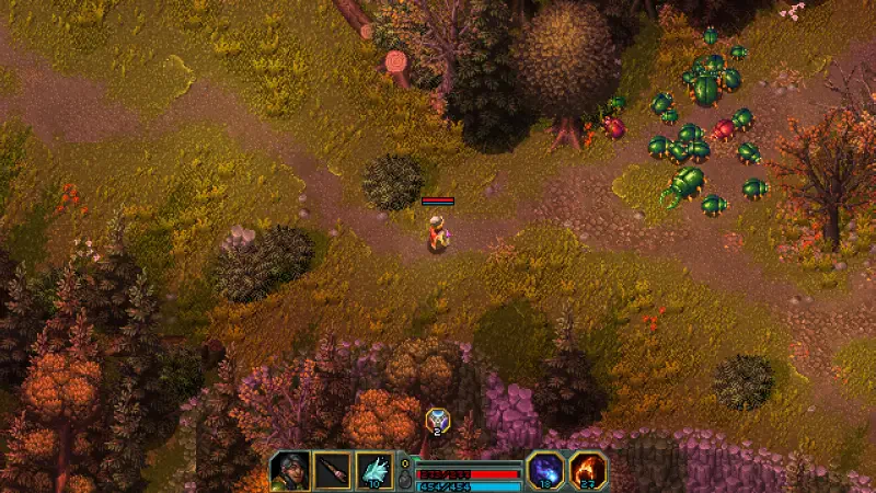 An overhead view of a vibrant landscape in Heroes of Hammerwatch II, featuring a character navigating through colorful foliage and encountering various creatures.