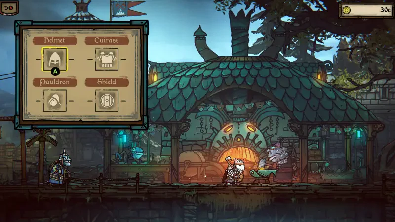A scene from the video game Tails of Iron 2: Whiskers of Winter, featuring a cozy workshop with a character at a crafting station and a detailed, whimsical setting.
