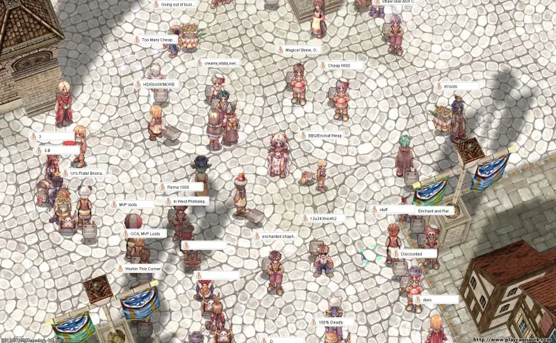 A bustling scene from the video game Ragnarok Online, featuring numerous characters interacting in a vibrant market square paved with cobblestones.