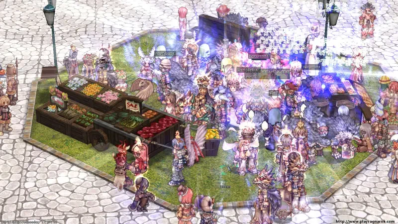 A vibrant scene from the video game Ragnarok Online, featuring numerous characters gathered around a market, surrounded by colorful stalls and a lively atmosphere.