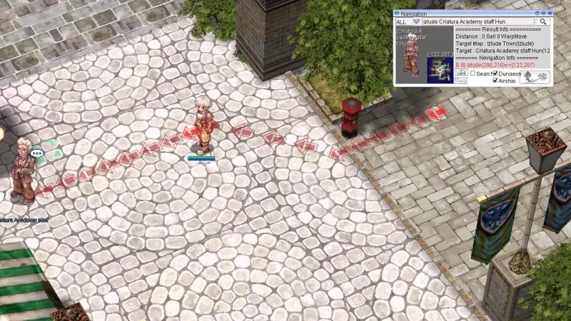 A character stands in a cobblestone area in Ragnarok Online, with a targeting interface displayed. The scene captures the game's vibrant graphics and strategic gameplay elements.