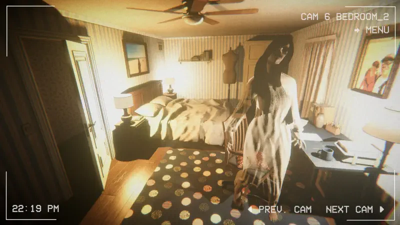 A dimly lit bedroom scene from the video game Paranormal Night Shift, featuring unsettling paranormal activity with a ghostly figure near the bed. Shadows and textures enhance the eerie atmosphere.