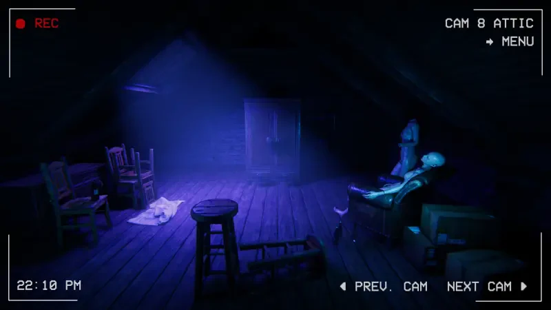 In a dimly lit attic, eerie blue light illuminates scattered furniture and a mysterious figure, capturing the tense atmosphere of the video game Paranormal Night Shift.