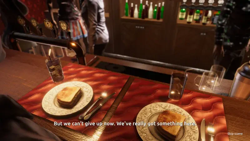 A cozy table setting with two plates of food in a dimly lit bar, reflecting the eerie atmosphere of the video game Paranormal Night Shift.