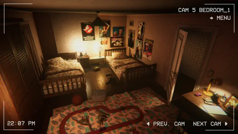 A dimly lit bedroom featuring two beds, a patterned rug, and posters on the walls, capturing the eerie atmosphere of the video game Paranormal Night Shift.