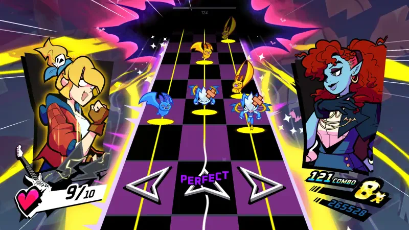 A colorful scene from the video game Rift of the NecroDancer, featuring characters performing on a vibrant musical stage, with dynamic notes and scores displayed.