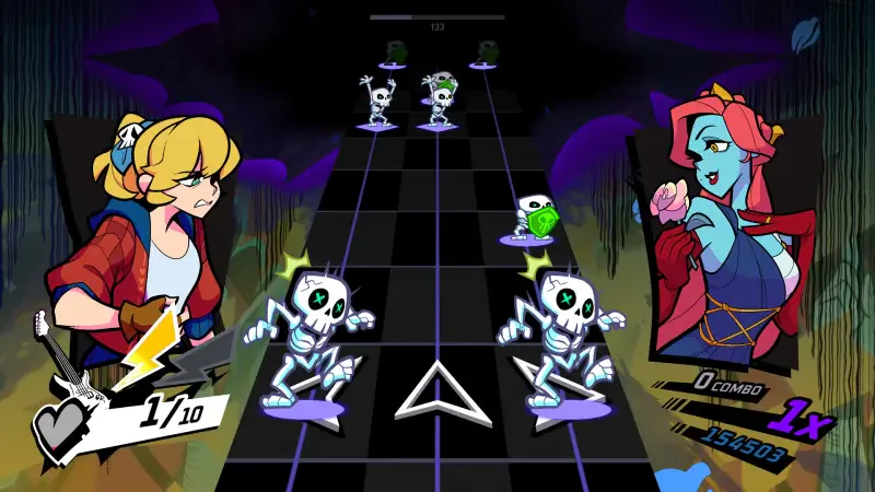 A colorful scene from the video game Rift of the NecroDancer, featuring animated characters battling skeletons on a music-themed grid, with a vibrant backdrop and dynamic poses.