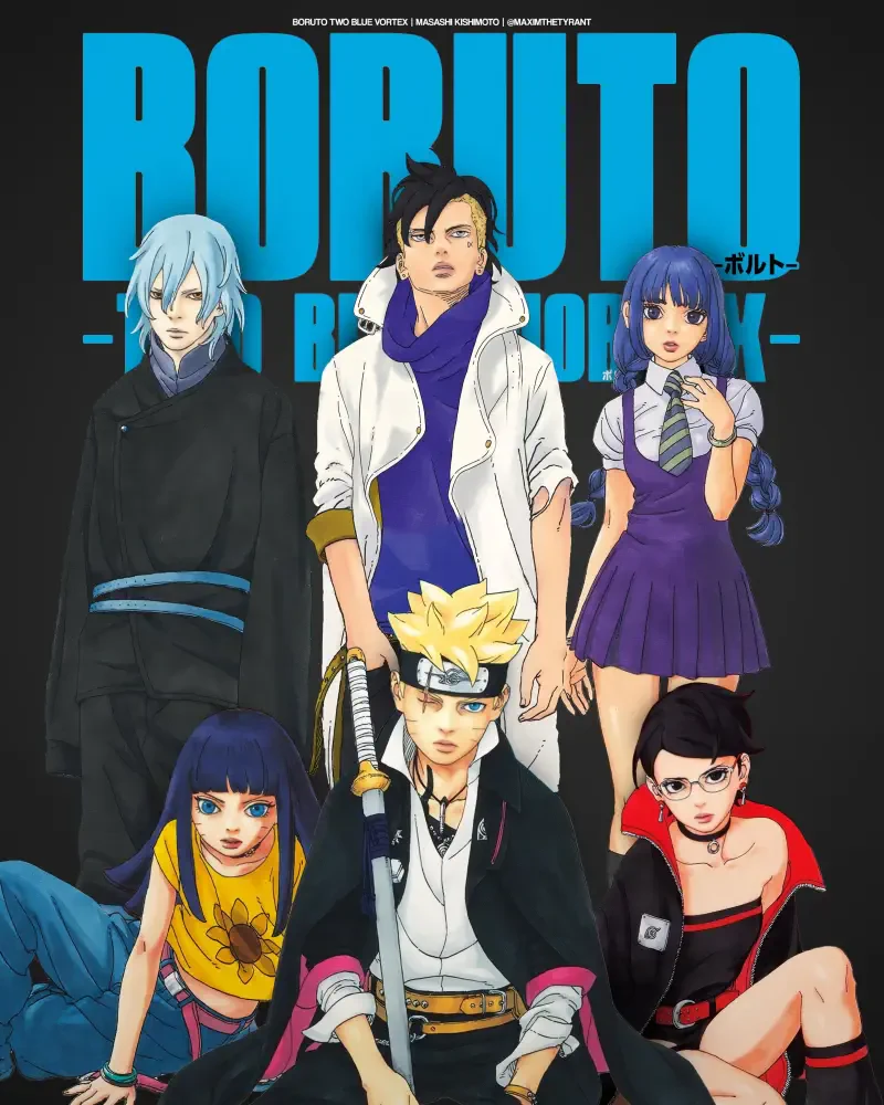A colorful manga illustration featuring characters from Boruto, showcasing a mix of distinct styles and expressions, with bold lettering of the title prominently displayed above.
