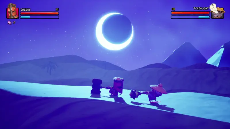 A stylized scene from the video game Big Helmet Heroes, featuring colorful characters silhouetted against a crescent moon and a night sky, set in a vibrant mountainous landscape.