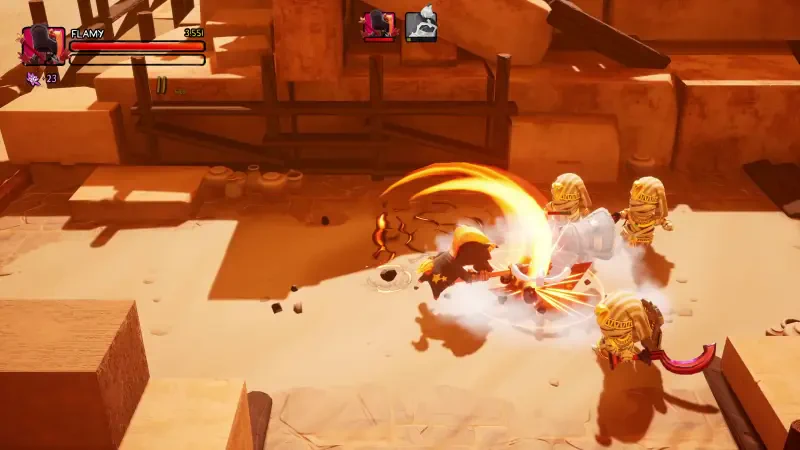 Action-packed scene from the video game Big Helmet Heroes, featuring a character battling against enemies in a vibrant, sandy environment.