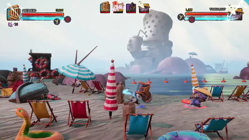 A colorful beach scene from the video game Big Helmet Heroes, featuring whimsical characters, striped umbrellas, and beach chairs under a playful sky, with a large, quirky structure in the background.