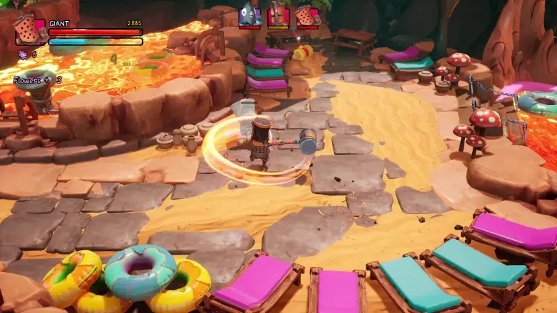 A colorful scene from the video game Big Helmet Heroes, featuring a character navigating a vibrant environment with lounge chairs and playful decorations amidst a rocky landscape.