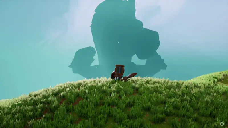 A character stands on a grassy hill, gazing at a massive silhouette in the sky, depicting an epic scene from the video game Big Helmet Heroes.