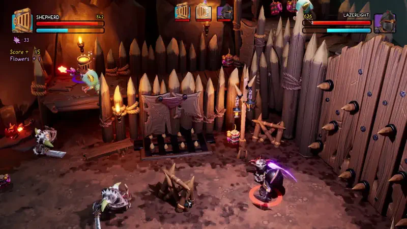 A scene from the video game Big Helmet Heroes, featuring colorful characters battling in a medieval-style arena, surrounded by wooden spikes and various obstacles.