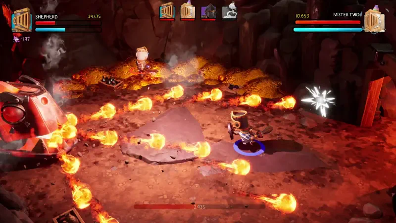 A dynamic scene from the video game Big Helmet Heroes, featuring a character navigating through a fiery environment filled with enemies and obstacles.