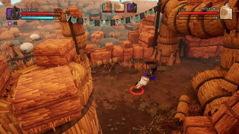 A scene from the video game Big Helmet Heroes, featuring a character navigating a rustic arena surrounded by hay bales and decorative banners in a vibrant, colorful environment.
