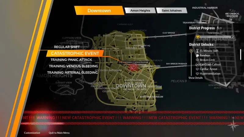 Map interface from Ambulance Life: A Paramedic Simulator, showing the downtown area with training events and a highlighted catastrophic event location.