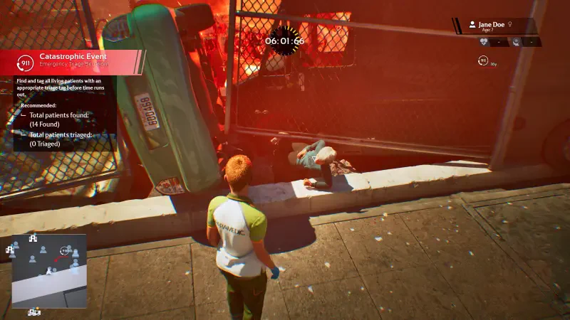 A scene from Ambulance Life: A Paramedic Simulator, depicting a paramedic responding to an overturned vehicle with an injured person nearby, showcasing emergency medical scenarios.