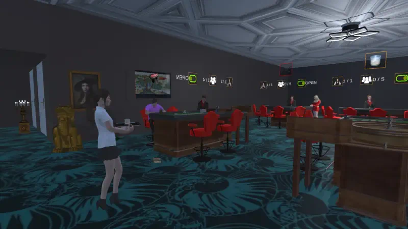 A virtual casino scene from Casino Simulator 2024, featuring players at tables, vibrant red seating, and an elegant interior design with decorative flooring and walls.