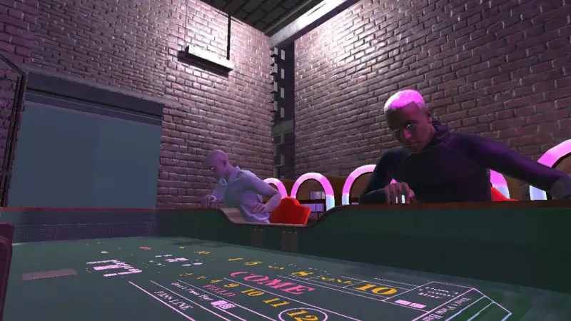 A digital scene from Casino Simulator 2024, featuring two characters engaged at a gaming table in a dimly lit, brick-walled environment.