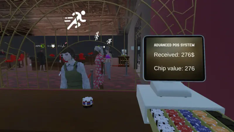 A virtual casino scene from Casino Simulator 2024 displays a player at a chip counter, with a screen showing chip values and transactions in a lively gaming environment.